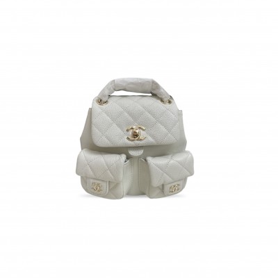 CHANEL SHINY CAVIAR QUILTED SMALL DUMA POCKETS DRAWSTRING BACKPACK WHITE (18*17*10cm) 